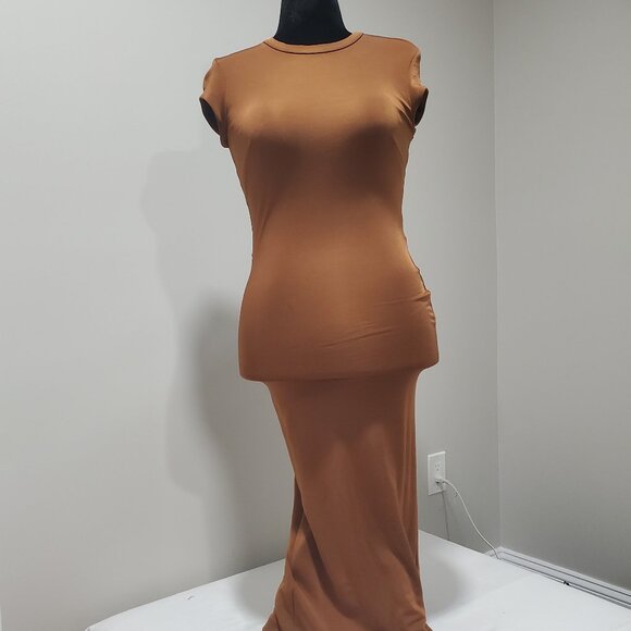 H&M CARAMEL BROWN TWO WAY BODY CON MAXI DRESS WOMEN SIZE 10 - Picture 1 of 9